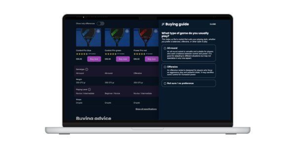 Screenshot of the product comparison tool with the Buying guide sidepanel opened